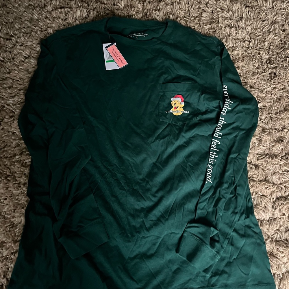 Vineyard Vines Forest Green Long Sleeve with Festive Dog